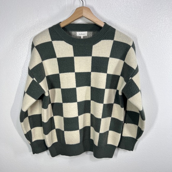 bohme Sweaters - Bohme Checkerboard Sweater Women's Small Green‎ Cream Knit Long Sleeve Crew Neck